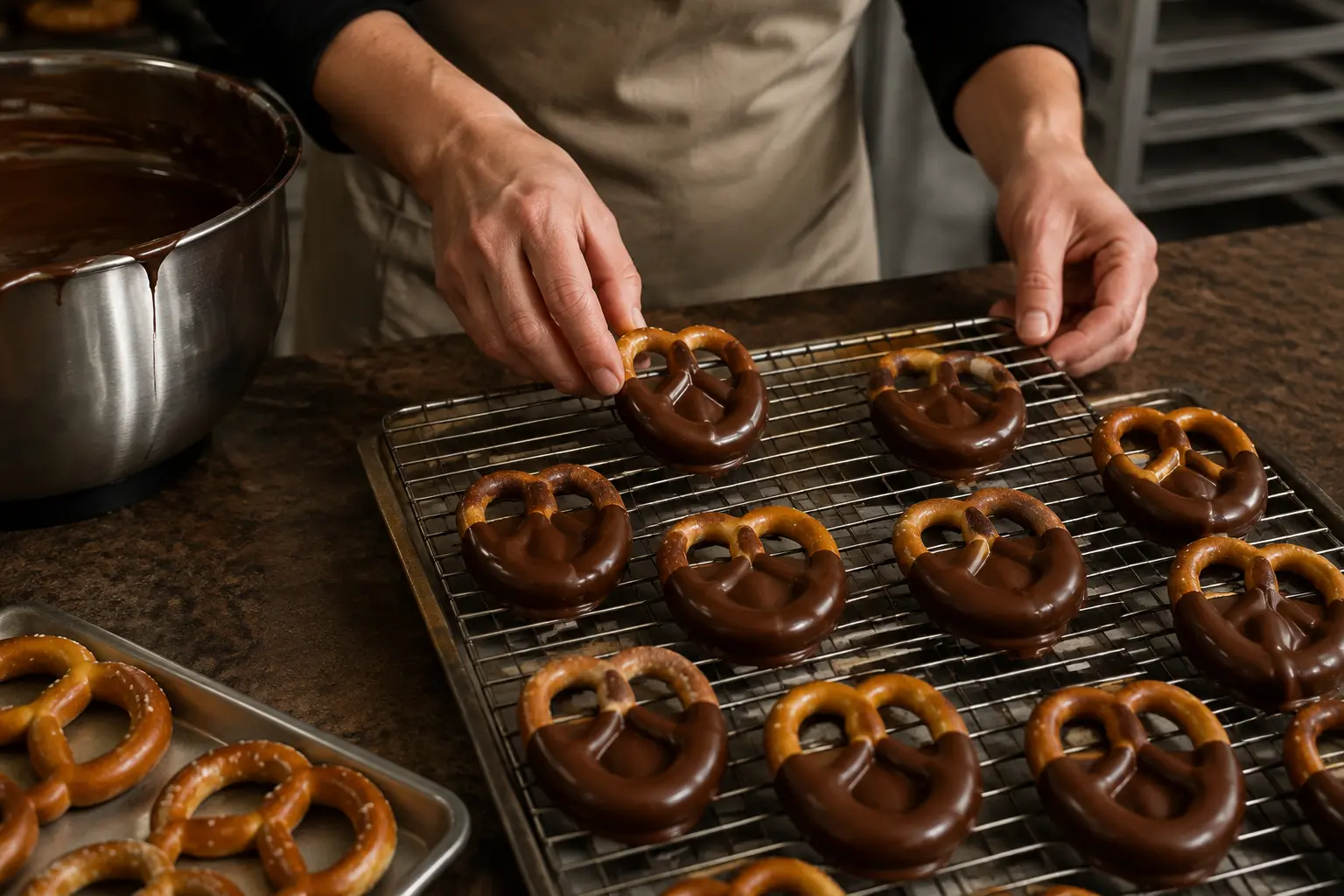 Adult baker's hands placing real freshly chocolate-dipped pretzels on a wire cooling rack in a clean small-batch kitchen