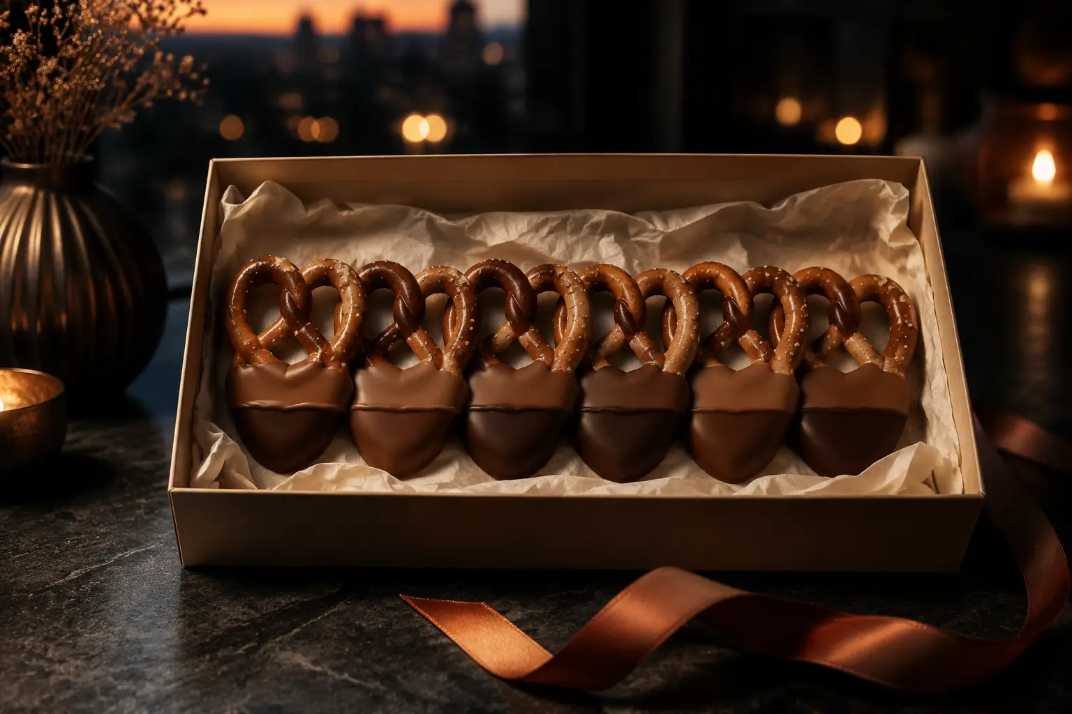 A plain unbranded gift box of six real chocolate-dipped pretzels aligned along one continuous coating boundary at dusk